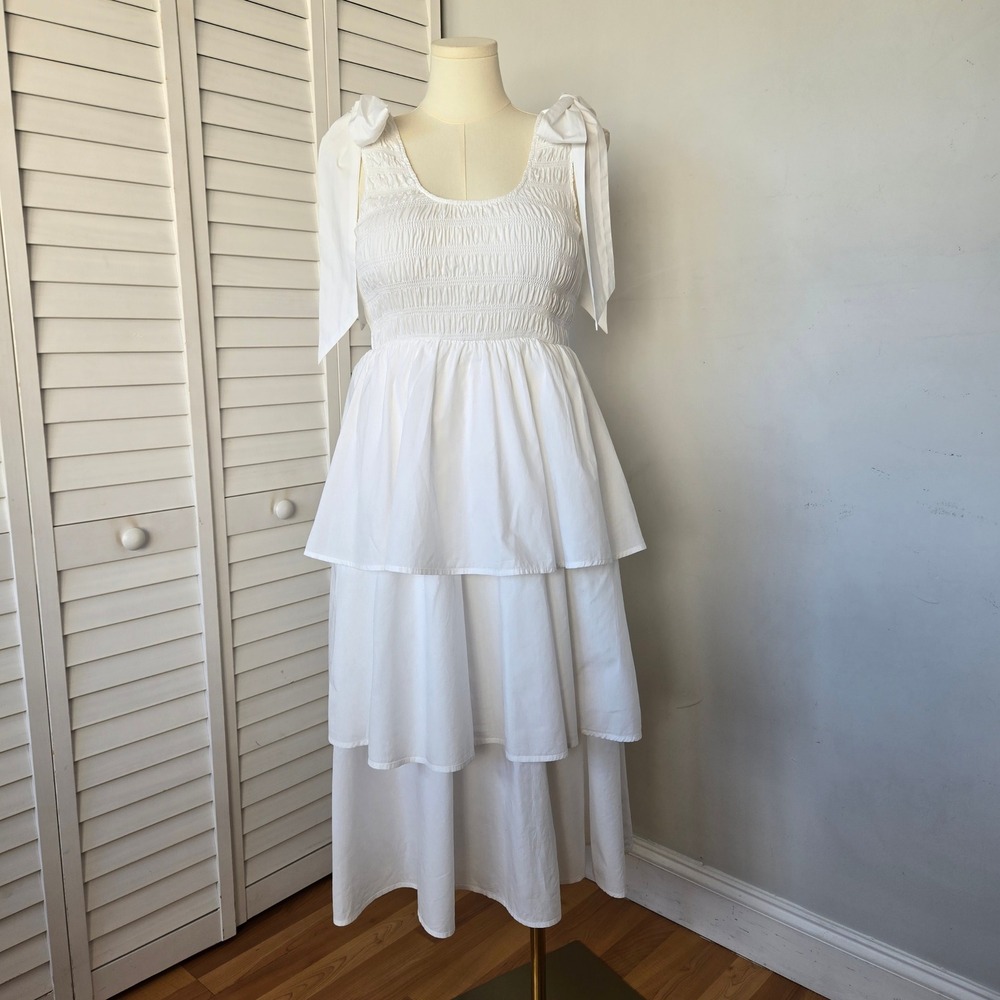 Cleobella Kaiya White Smocked Tiered Midi Dress Size M Boho Cottagecore Romantic - Picture 2 of 10